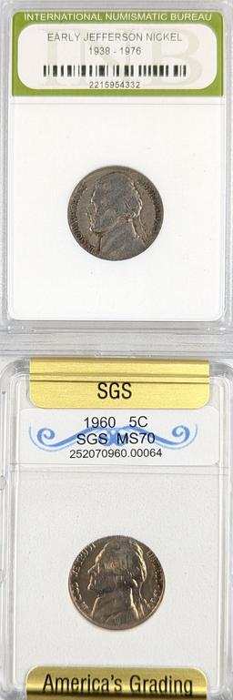 Lot of 2 Slabbed Jefferson Nickels - 1948 & 1960 MS70