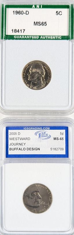 Lot of 2 Slabbed Jefferson Nickels - 1960-D MS65 & 2005-D MS65
