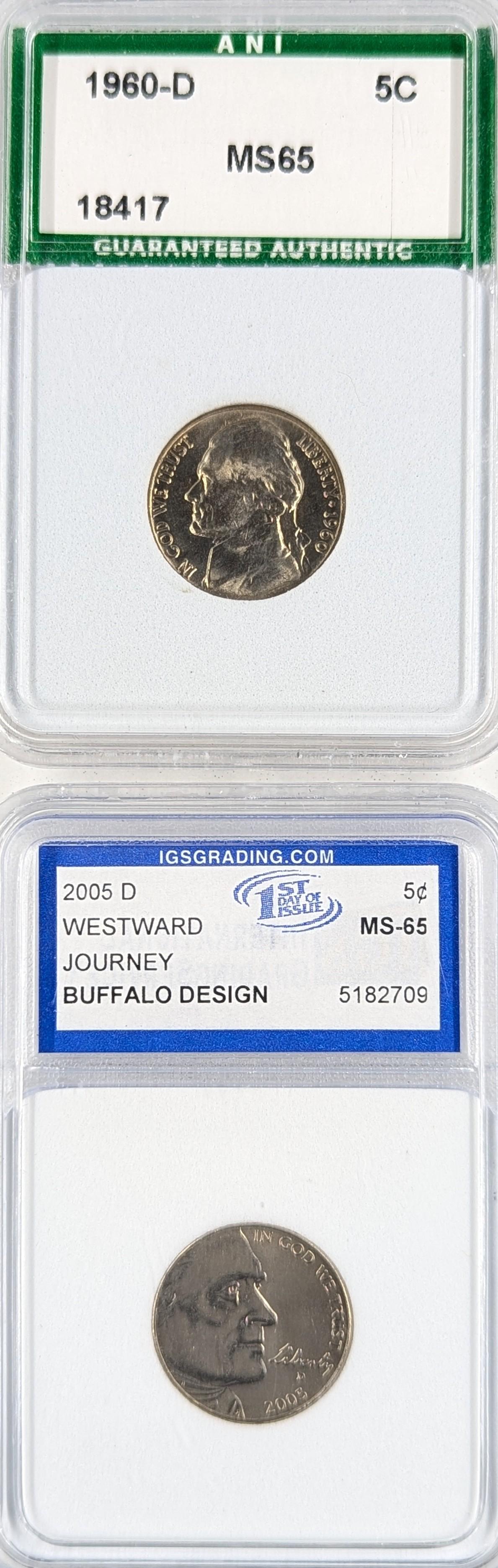 Lot of 2 Slabbed Jefferson Nickels - 1960-D MS65 & 2005-D MS65