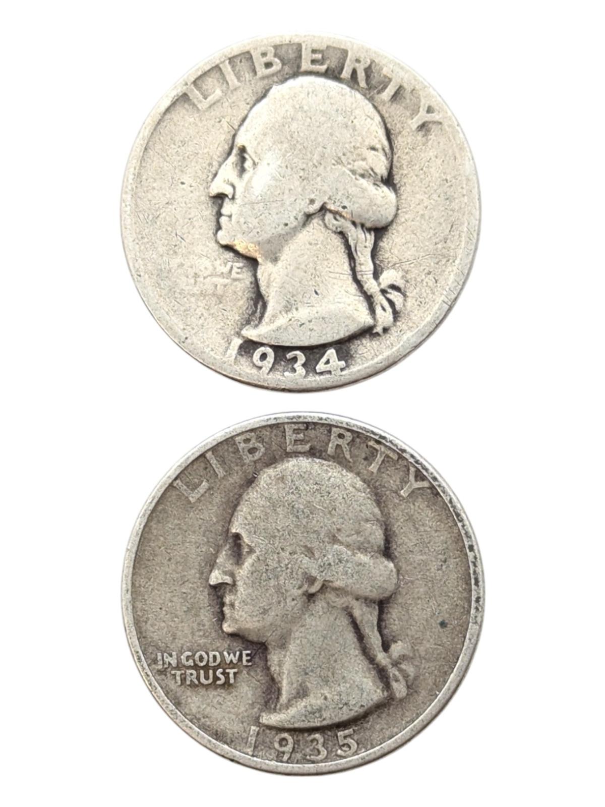 Lot of 2 Silver Washington Quarters - 1934, 1935