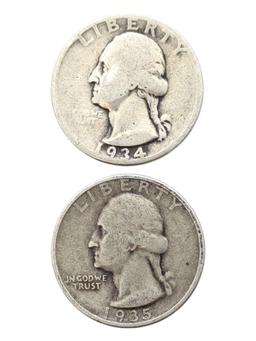 Lot of 2 Silver Washington Quarters - 1934, 1935