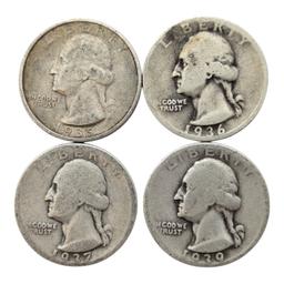 Lot of 4 Silver Washington Quarters - 1935-1939