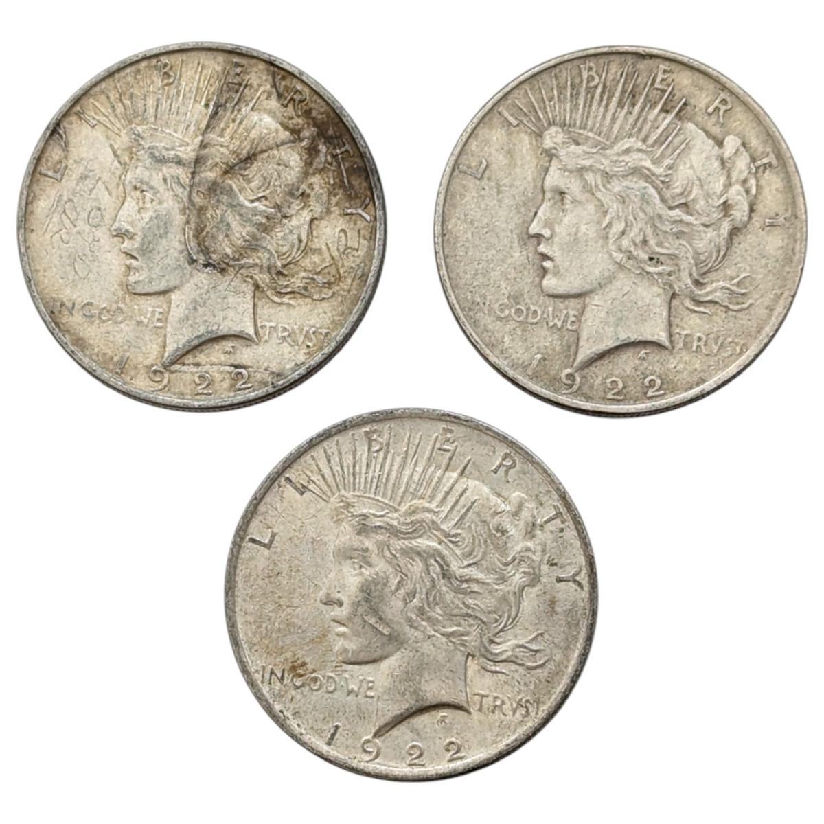 Lot of 3 Silver Peace Dollars - 1922-D, 1922(2)