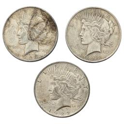 Lot of 3 Silver Peace Dollars - 1922-D, 1922(2)