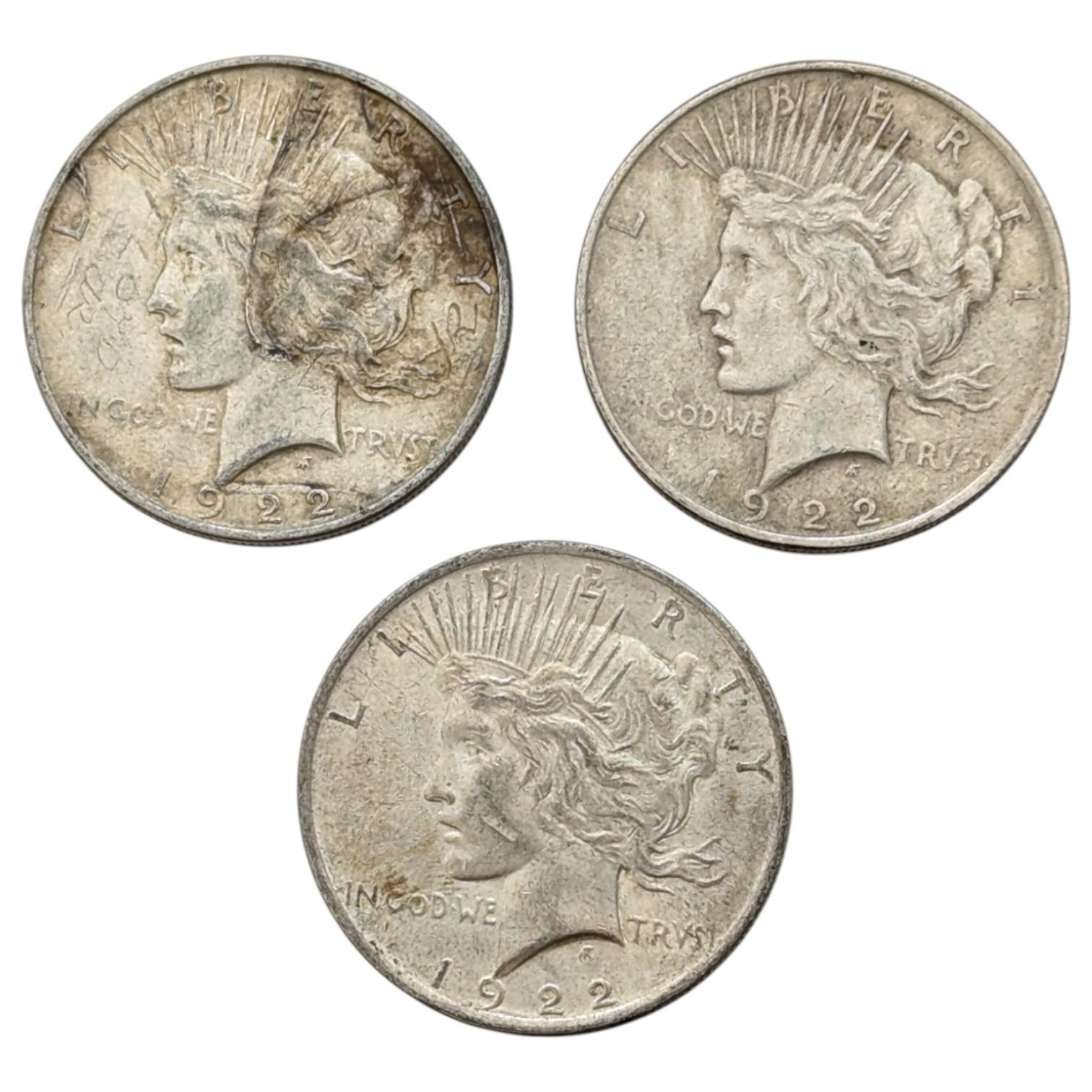 Lot of 3 Silver Peace Dollars - 1922-D, 1922(2)
