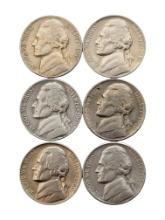 Lot of 6 Jefferson Nickels - 1947-1960 - Toned - XF to MS