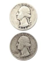 Lot of 2 Silver Washington Quarters - 1934, 1935
