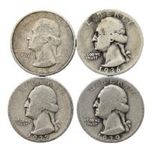 Lot of 4 Silver Washington Quarters - 1935-1939