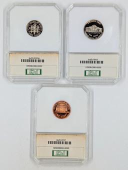 Lot of 3 Proof 70 Deep Cameo 2001-S Slabs - Rosey Dime, Jefferson Nickel, Lincoln Cent