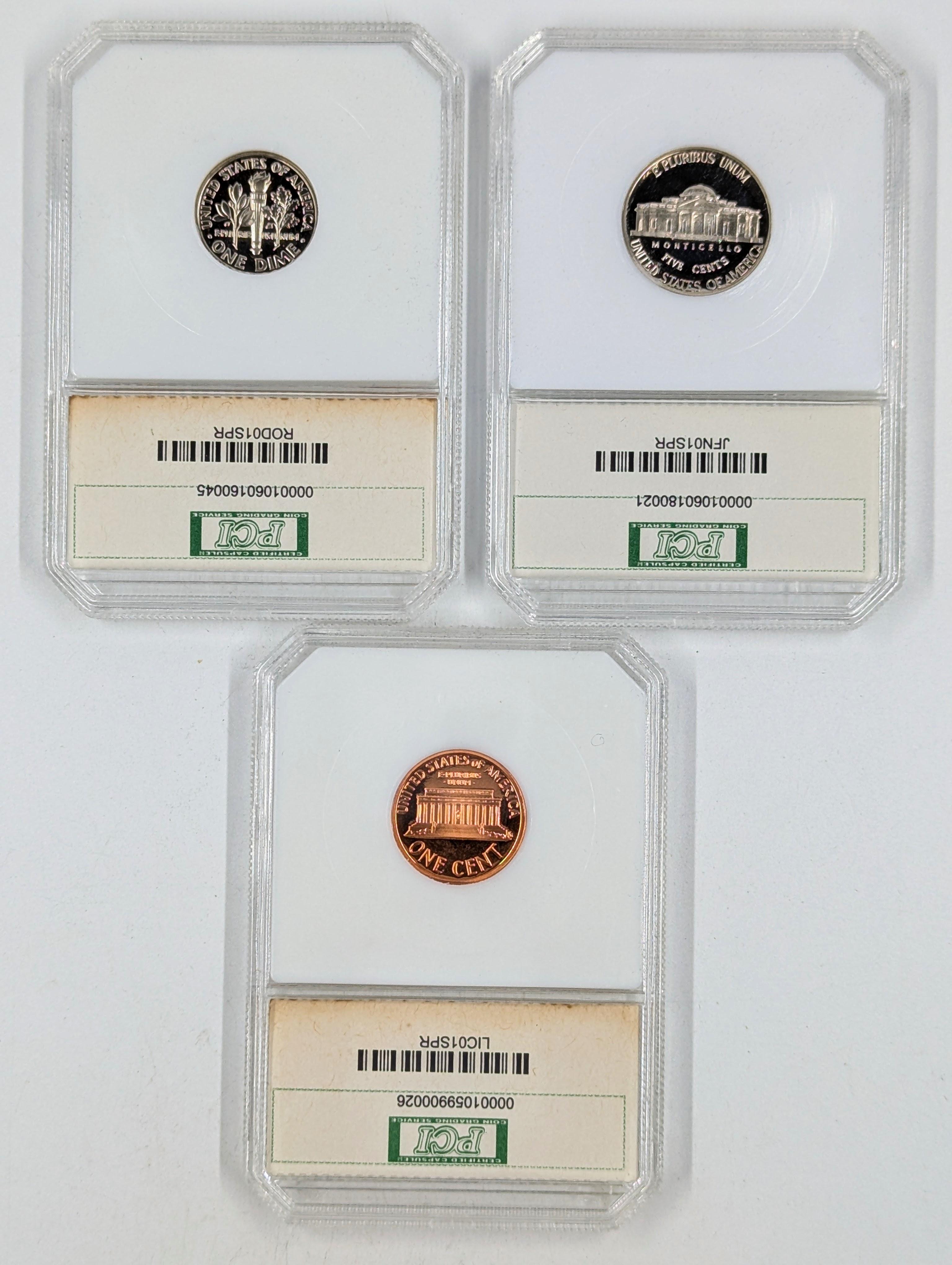 Lot of 3 Proof 70 Deep Cameo 2001-S Slabs - Rosey Dime, Jefferson Nickel, Lincoln Cent