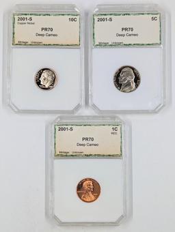 Lot of 3 Proof 70 Deep Cameo 2001-S Slabs - Rosey Dime, Jefferson Nickel, Lincoln Cent
