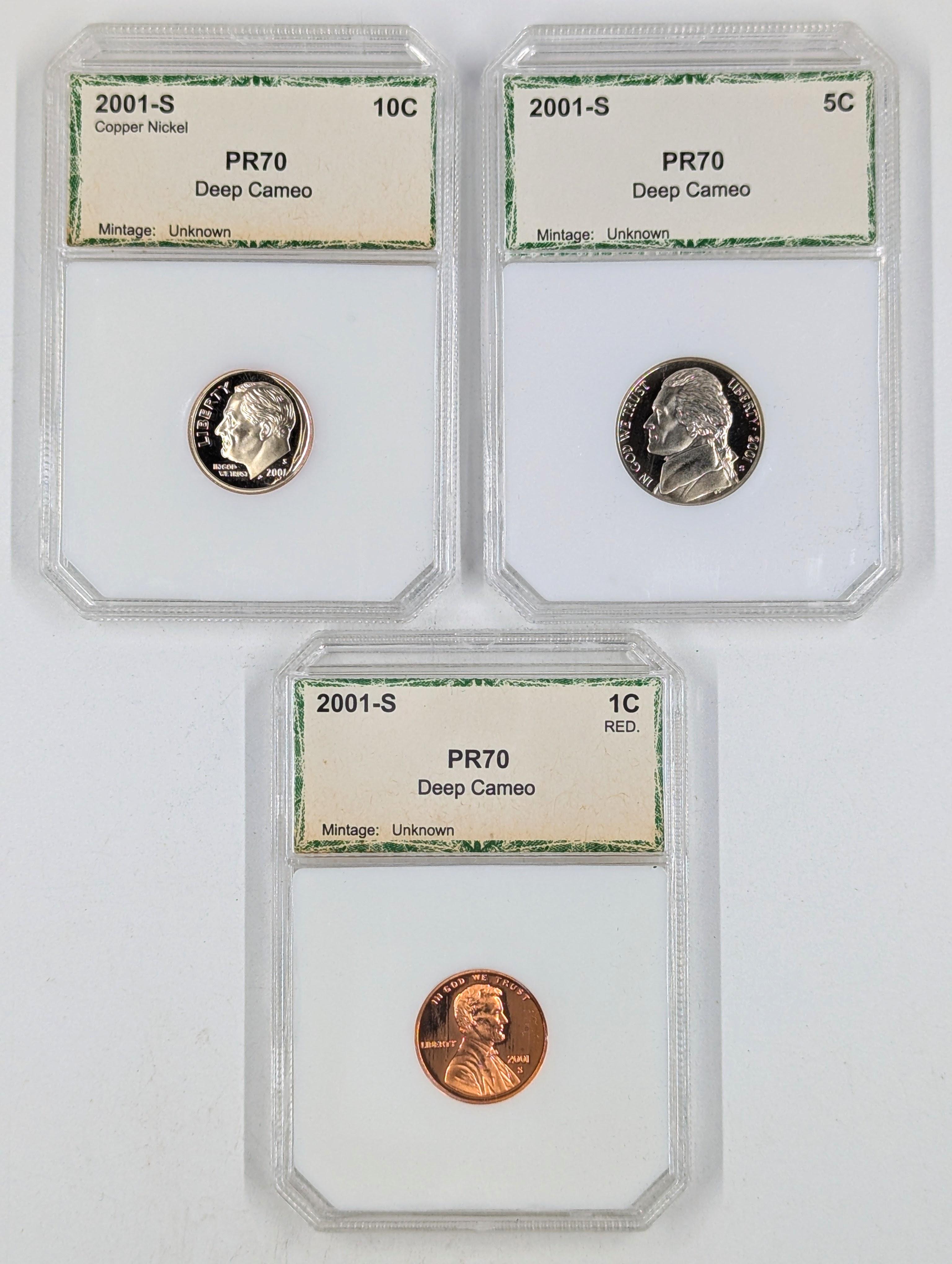 Lot of 3 Proof 70 Deep Cameo 2001-S Slabs - Rosey Dime, Jefferson Nickel, Lincoln Cent