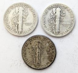 Lot of 3 Silver Mercury Dimes - 1944 P/D/S