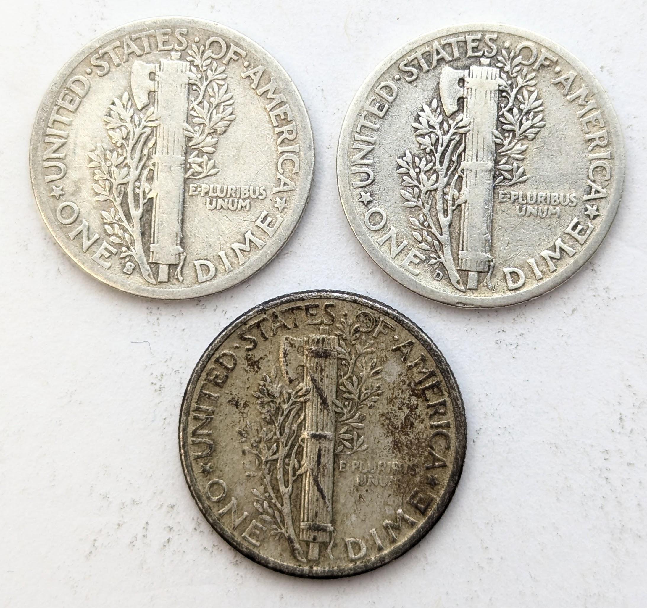 Lot of 3 Silver Mercury Dimes - 1944 P/D/S