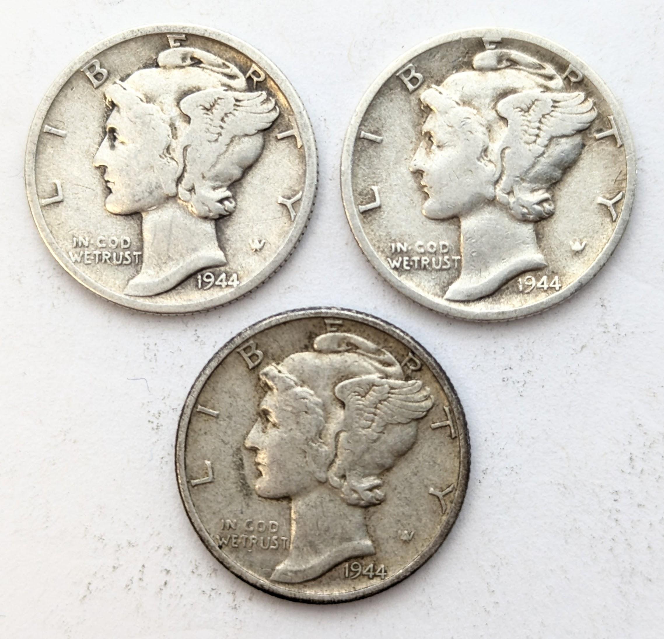 Lot of 3 Silver Mercury Dimes - 1944 P/D/S