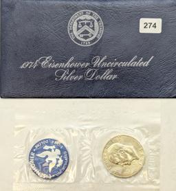 1974 Silver Blue Ike Dollar with Official Blue Envelope and Token From the Department of Treasury