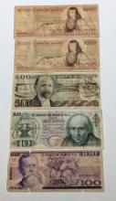 Lot of 5 Mexico Pesos Currency - $1000, $500, $10, $100