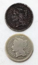 Lot of 2 - 1868 Three Cent Nickels