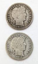 Lot of 2 Silver Barber Dimes - 1911 and 1912D