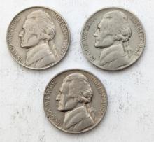 Lot of 3 Jefferson Nickels - 1947-S, 1948-S, 1949-S