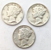 Lot of 3 Silver Mercury Dimes - 1942 P/D/S
