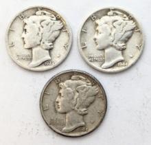 Lot of 3 Silver Mercury Dimes - 1944 P/D/S