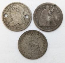 Lot of 3 Silver Half Dimes - 1829 Capped Bust & 1852/No date Seated Liberty