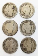 Lot of 6 Silver Barber Dimes - 1900-1916