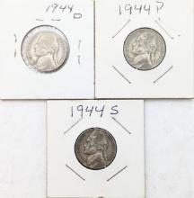 Lot of 3 Jefferson Nickels - 1944 P/D/S