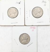 Lot of 3 Jefferson Nickels - 1946 P/D/S