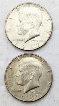 Lot of 2 Silver John F Kennedy Half Dollars - 1967, 1968-D