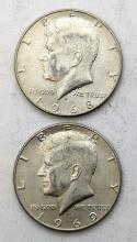 Lot of 2 Silver John F Kennedy Half Dollars - 1968-D, 1969-D