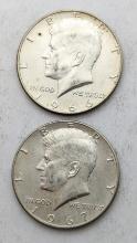 Lot of 2 Silver John F Kennedy Half Dollars - 1966, 1967