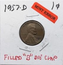 ERROR 1957-D Lincoln Wheat Cent - Filled B Die Chip