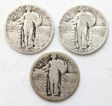 Lot of 3 Silver Standing Liberty Quarters - 1929, 1930, No date