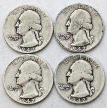 Lot of 4 Silver 1942 Washington Quarters