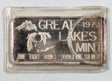 Vintage 1973 Silver Bar - Great Lakes Mint - One Troy Ounce .999 Fine