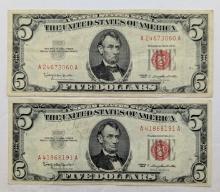 Lot of 2 Red Seal $5 bills - 1963 Series