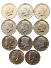Lot of 11 John F Kennedy Half Dollars - 1971-1974