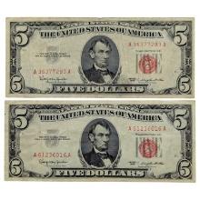 Lot of 2 - 1963 $5 Notes - Red Seals