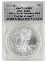 ANACS 2012-S MS70 American Silver Eagle Dollar - First Day of Issue