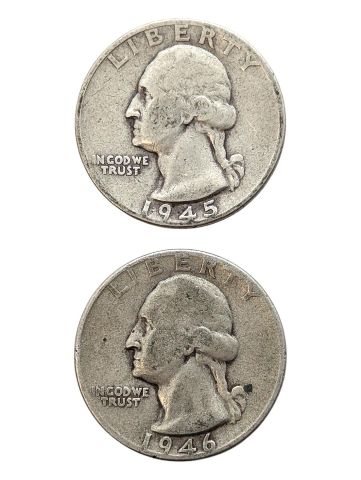 Lot of 2 Silver Washington Quarters - 1945, 1946