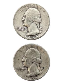 Lot of 2 Silver Washington Quarters - 1945, 1946