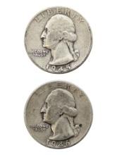 Lot of 2 Silver Washington Quarters - 1945, 1946
