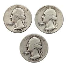Lot of 3 Silver Washington Quarters - 1940, 1941, 1942-D