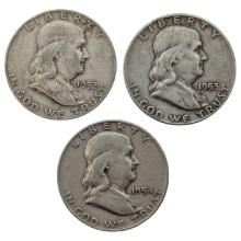 Lot of 3 Silver Franklin Half Dollars - 1952-D-1954-D