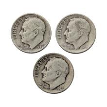 Lot of 3 Silver Roosevelt Dimes - 1946, 1947, 1948