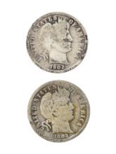 Lot of 2 Silver Barber Dimes - 1902, 1903-O