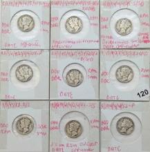 Lot of 9 Silver Mercury Dimes - 1940-1944