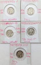 Lot of 5 Silver Mercury Dimes - 1934-1937